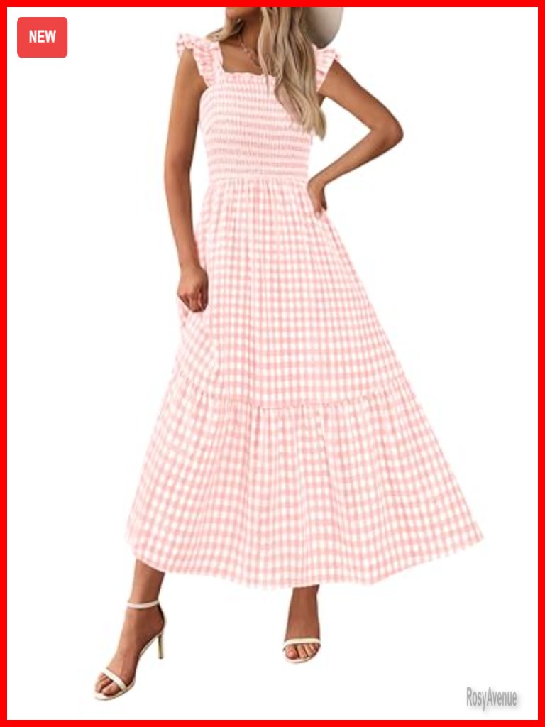 Summer Midi Dress Square Neck Ruffle Strap Gingham Smocked Flowy A Line